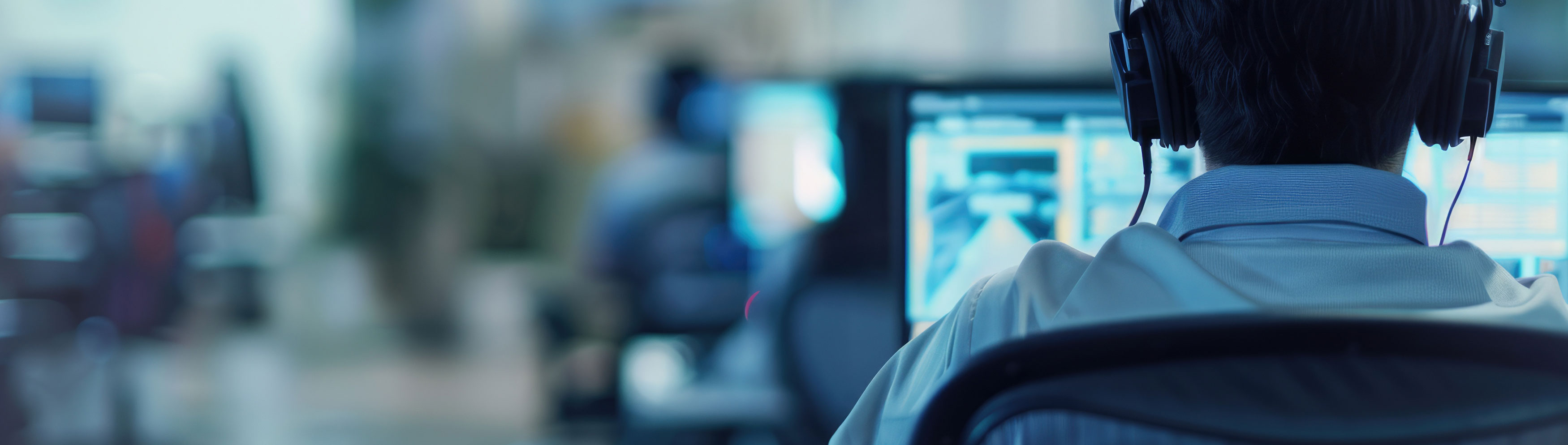 Man in support center in front of PC with headphones