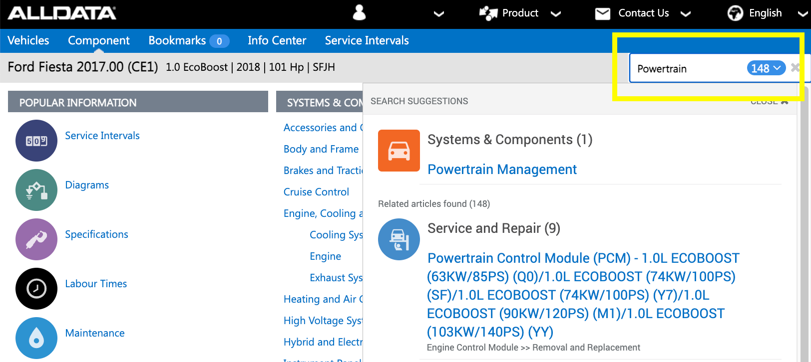 Screen shot of where to find Powertrain and search in ALLDATA Repair