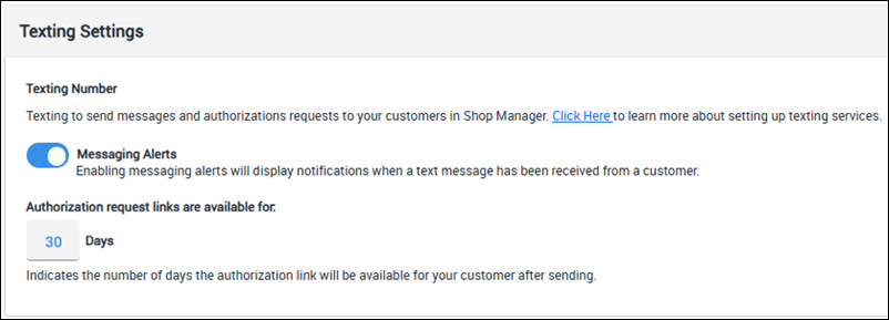 texting settings section